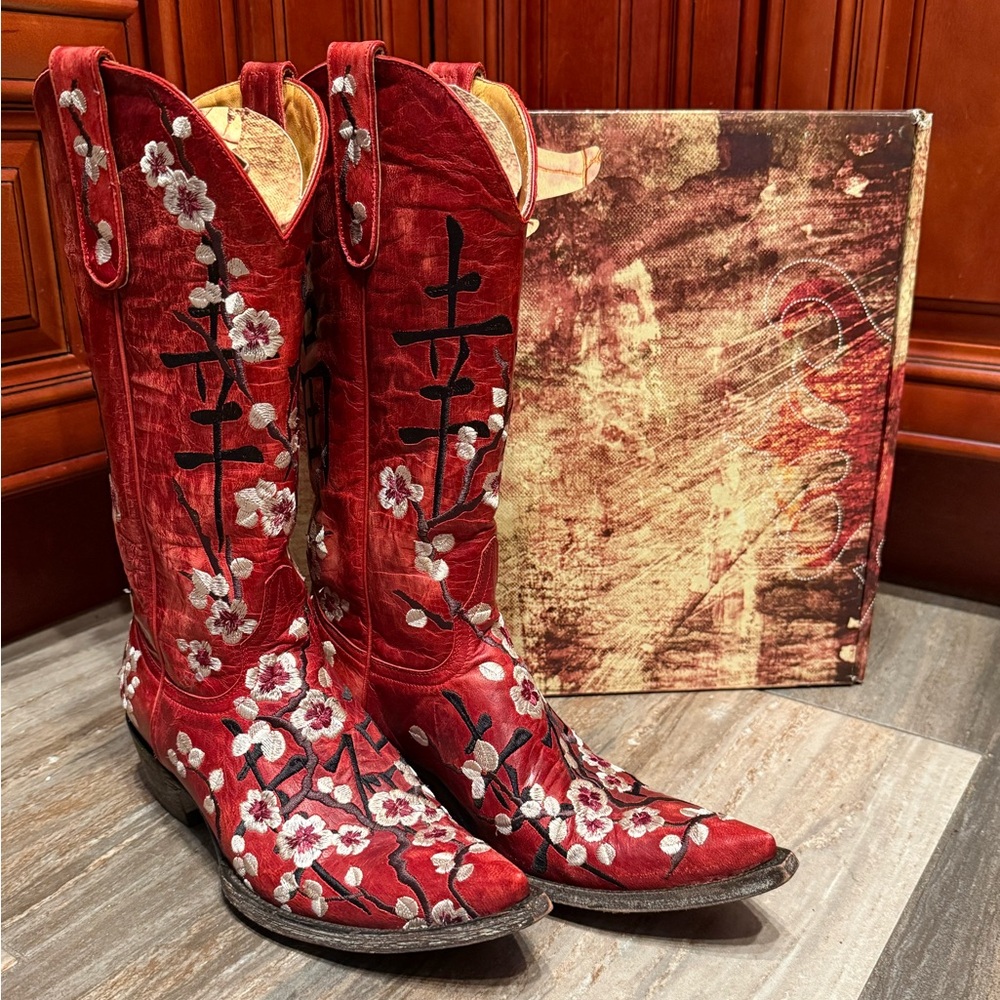 Old Gringo Cherry Blossom Embroidered Cowboy Boots Happiness Floral Cowgirl Rare